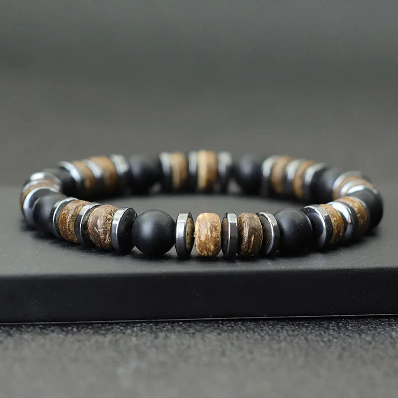 New Vintage Men Bracelet Stone Natural Wooden Braclet Homme HematitePulsera Energética de Piedras Naturales – Conexión y Equilibrio