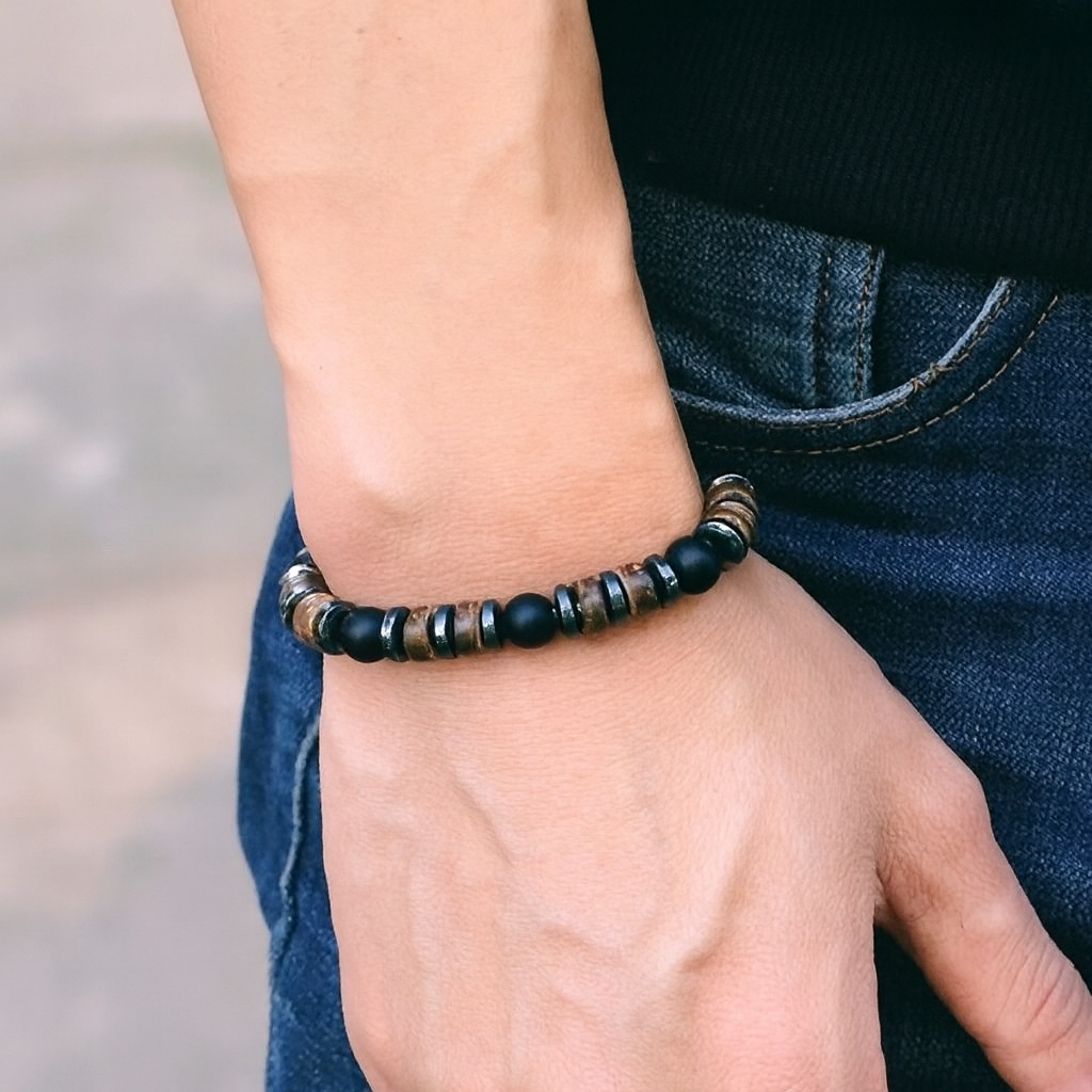 New Vintage Men Bracelet Stone Natural Wooden Braclet Homme HematitePulsera Energética de Piedras Naturales – Conexión y Equilibrio