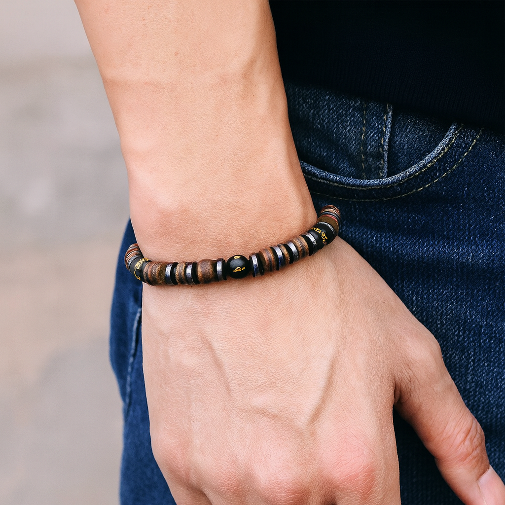 New Vintage Men Bracelet Stone Natural Wooden Braclet Homme HematitePulsera Energética de Piedras Naturales – Conexión y Equilibrio