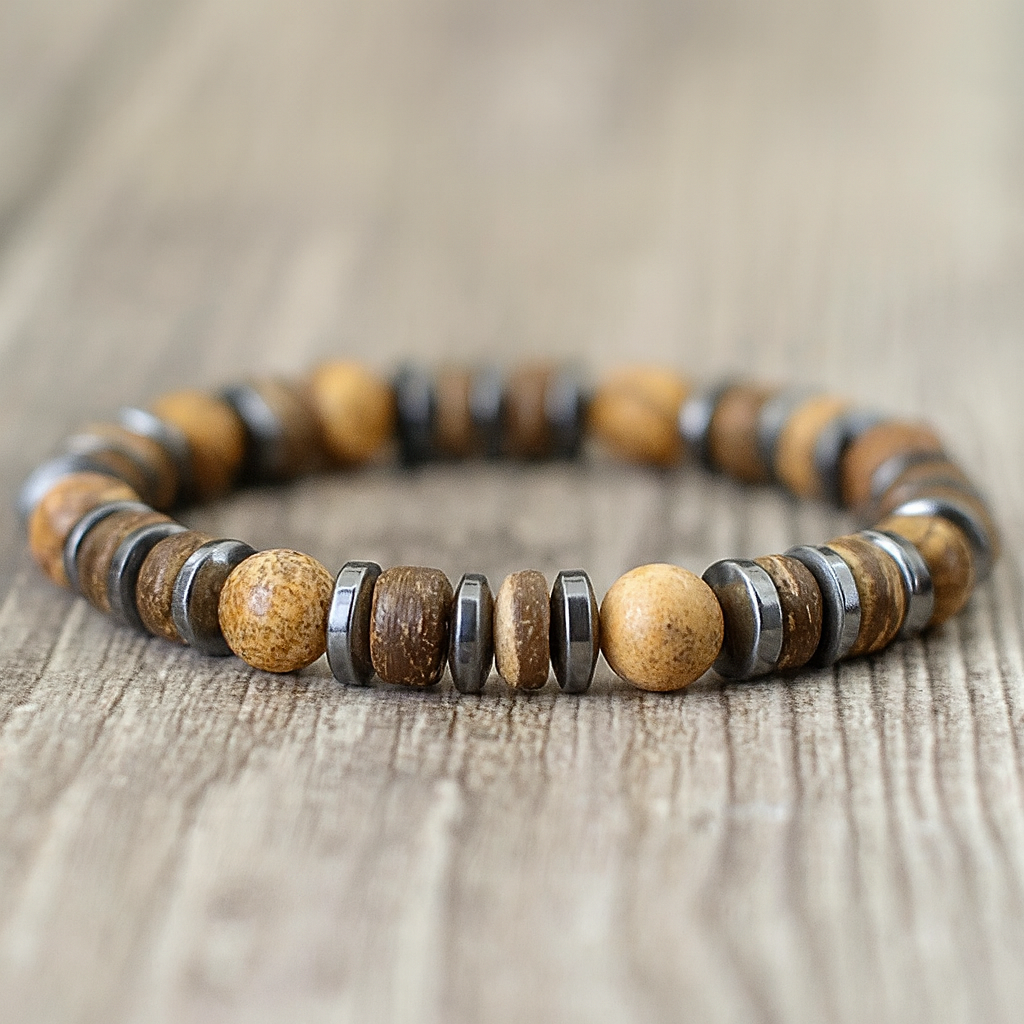 New Vintage Men Bracelet Stone Natural Wooden Braclet Homme HematitePulsera Energética de Piedras Naturales – Conexión y Equilibrio