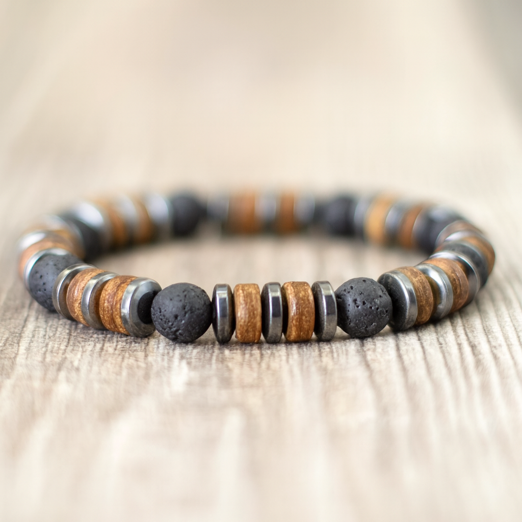 New Vintage Men Bracelet Stone Natural Wooden Braclet Homme HematitePulsera Energética de Piedras Naturales – Conexión y Equilibrio