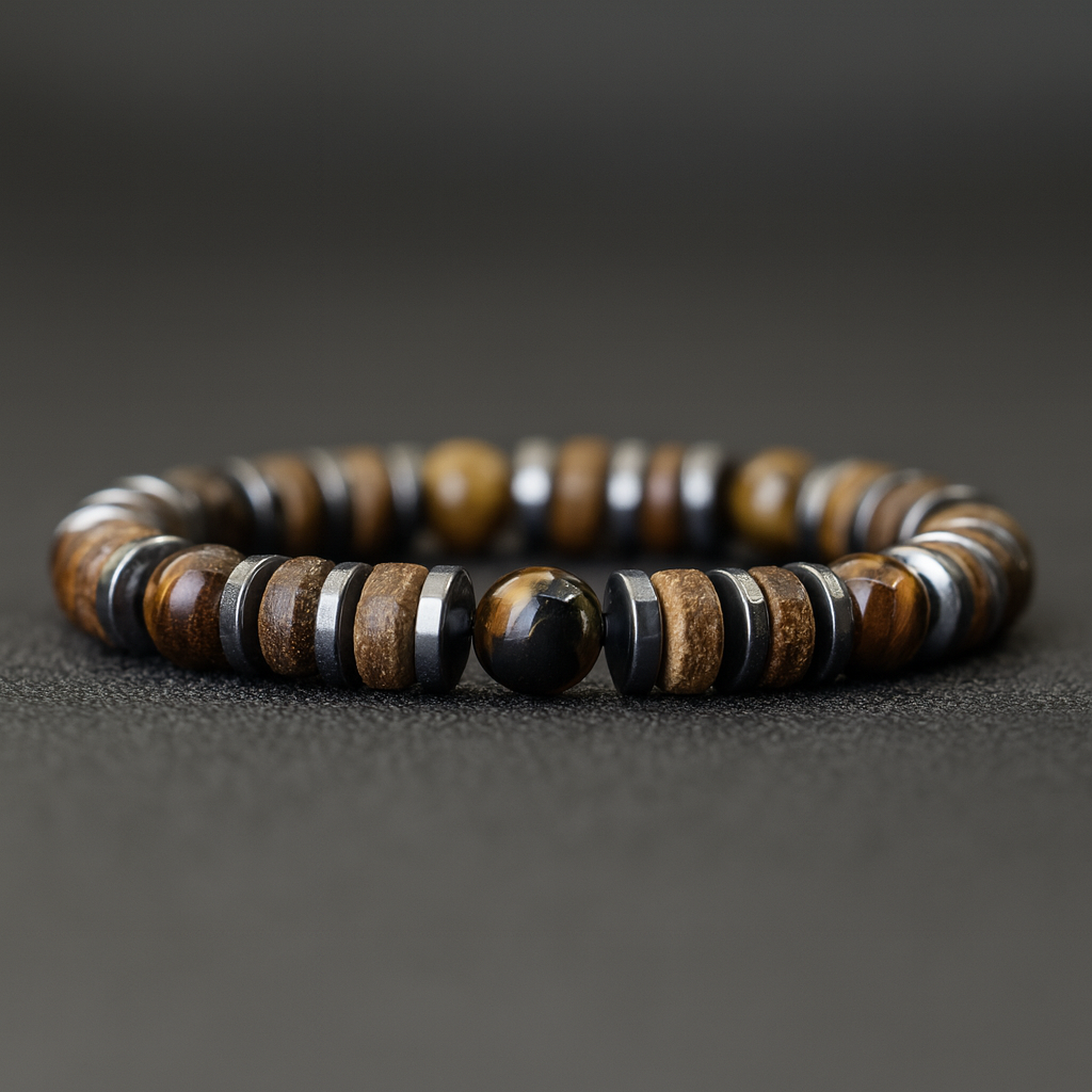 New Vintage Men Bracelet Stone Natural Wooden Braclet Homme HematitePulsera Energética de Piedras Naturales – Conexión y Equilibrio