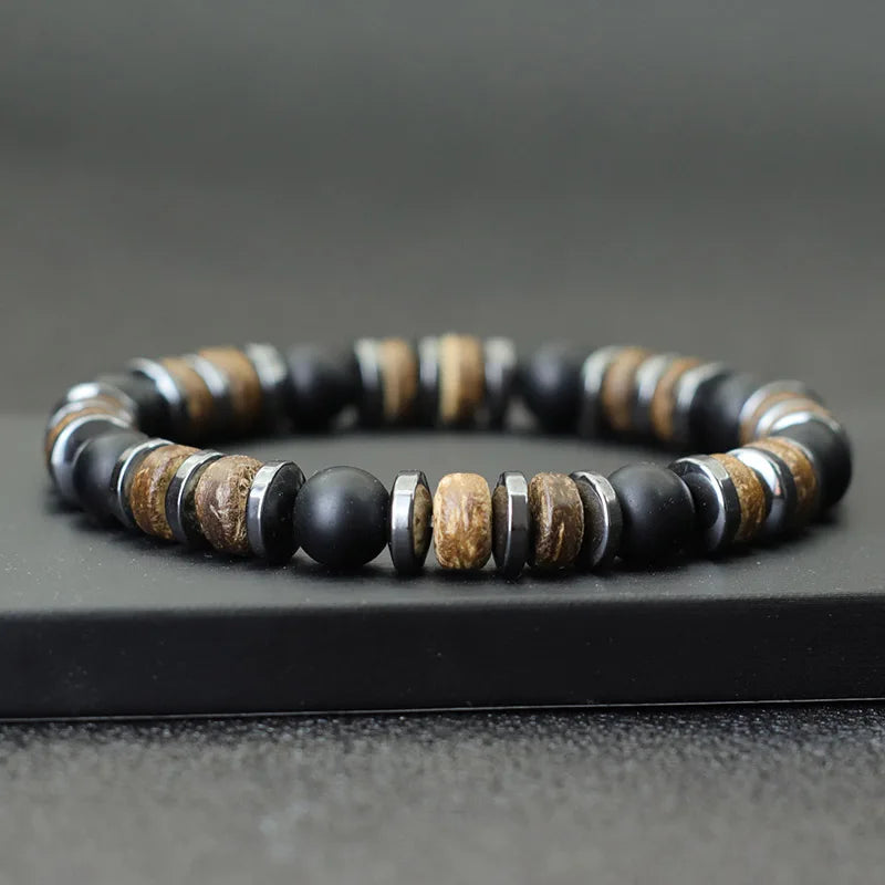 New Vintage Men Bracelet Stone Natural Wooden Braclet Homme HematitePulsera Energética de Piedras Naturales – Conexión y Equilibrio