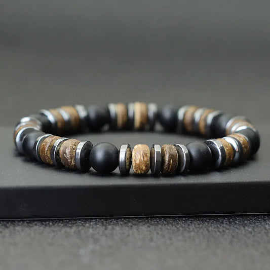 New Vintage Men Bracelet Stone Natural Wooden Braclet Homme HematitePulsera Energética de Piedras Naturales – Conexión y Equilibrio
