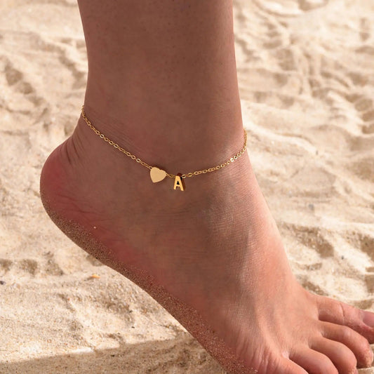 Women Heart Initial Stainless Steel Personalized Anklet Bracelets ✨ Pulsera de Tobillo Personalizada con Inicial y Corazón – Acero Inoxidable Hipoalergénico ✨
