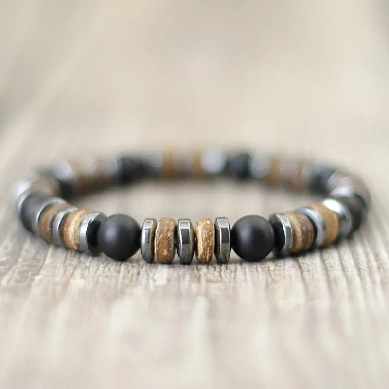 New Vintage Men Bracelet Stone Natural Wooden Braclet Homme HematitePulsera Energética de Piedras Naturales – Conexión y Equilibrio