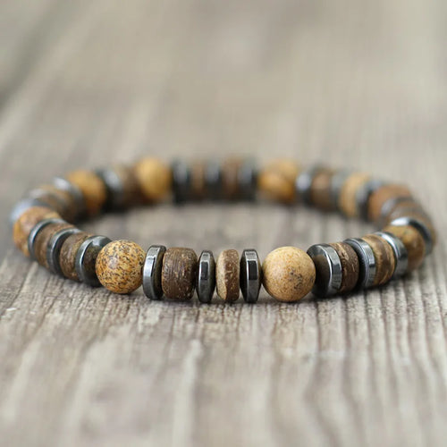 New Vintage Men Bracelet Stone Natural Wooden Braclet Homme HematitePulsera Energética de Piedras Naturales – Conexión y Equilibrio