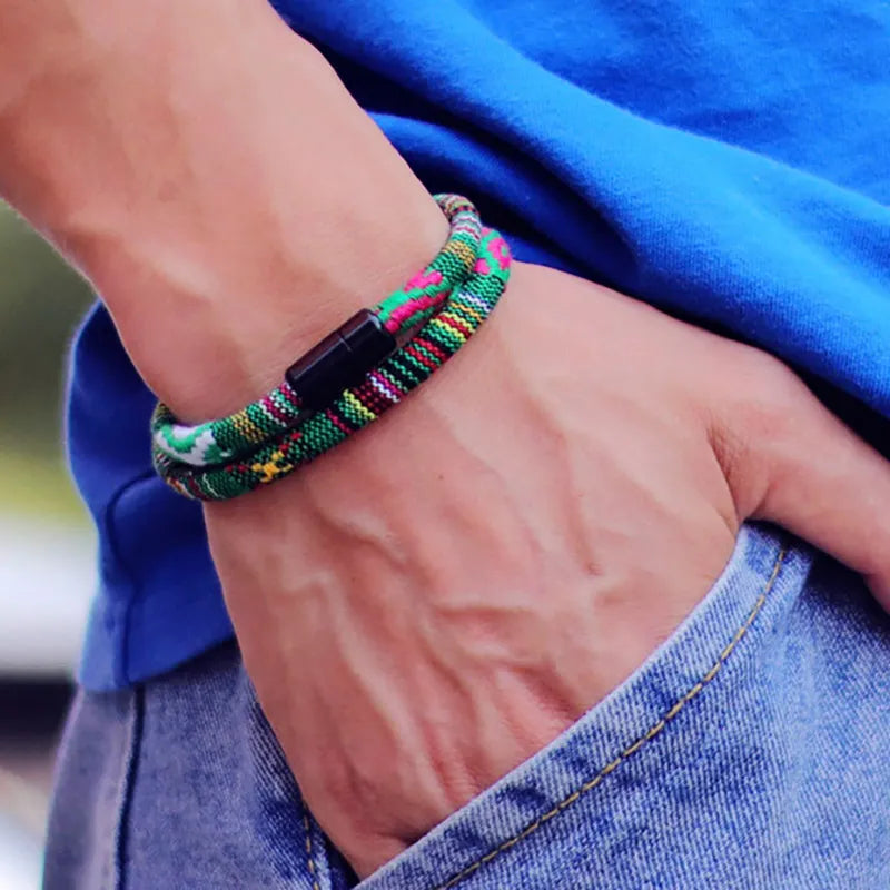 New In Men Bohemia Rope Bracelet Attract Magentic Braclet Adventure-Pulsera Trenzada Multicolor con Cierre Magnético – Estilo Artesanal