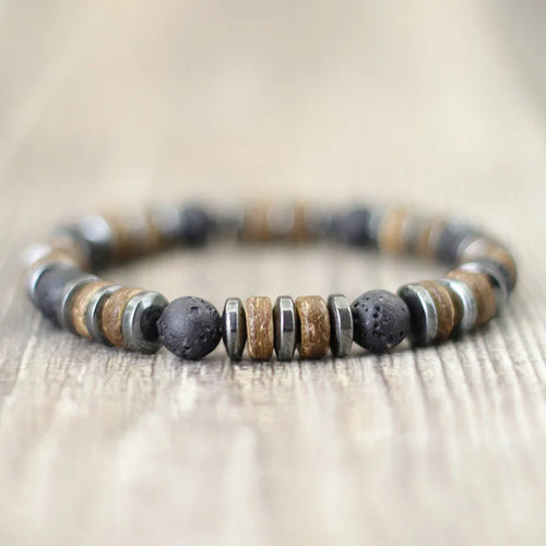 New Vintage Men Bracelet Stone Natural Wooden Braclet Homme HematitePulsera Energética de Piedras Naturales – Conexión y Equilibrio