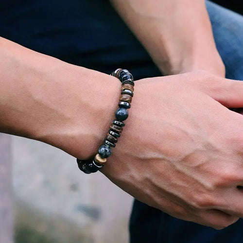 New Vintage Men Bracelet Stone Natural Wooden Braclet Homme HematitePulsera Energética de Piedras Naturales – Conexión y Equilibrio
