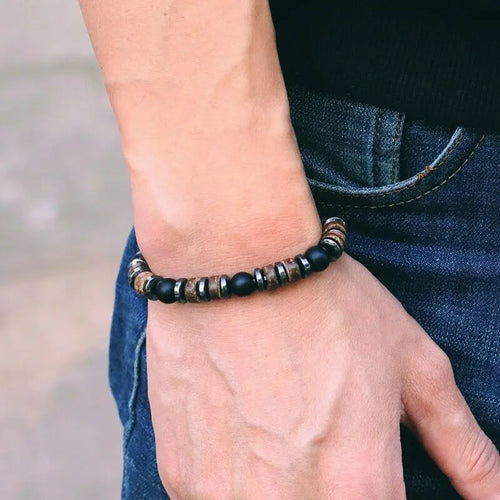 New Vintage Men Bracelet Stone Natural Wooden Braclet Homme HematitePulsera Energética de Piedras Naturales – Conexión y Equilibrio